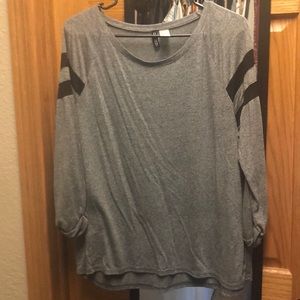 Grey tshirt, black mesh on sleeves. H&M. Size Lg